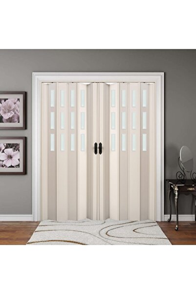 FARAN DEKORASYON 200 x 215 Beyaz Renk Camlı Çift Açılım Pvc Akordiyon Katlanır Kapı