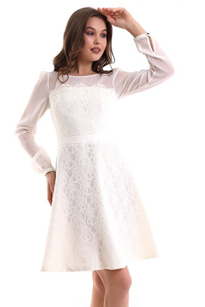 Silk Parade Ekru Dantel Kaplı Kısa Özel Tasarım Söz/nişan/after Parti Elbisesi