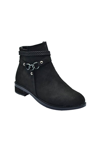 DUYGUSHOESBAG Kadın Siyah Süet Fermuarlı Zincir Aksesuarlı Kısa Bot