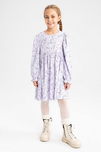 DeFacto Girl's Floral Crew Neck Long Sleeve Combed Cotton Dress