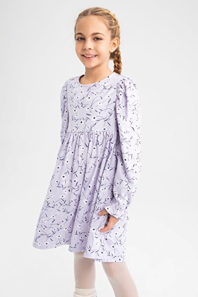 DeFacto Girl's Floral Crew Neck Long Sleeve Combed Cotton Dress