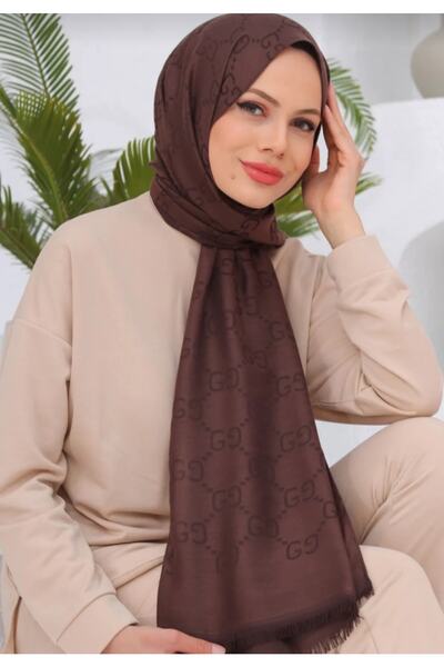 HAR-UM Ticaret Tessetür Kadın Gucci Desen Pamuk Jakar Şal G Desen Şal Kahverengi