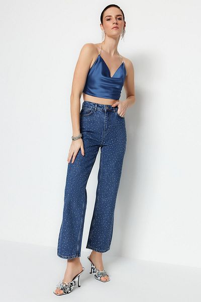 Trendyol Collection Indigo Stone Strap Detailed Satin Bustier TPRSS22BS0020