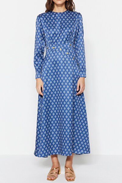 Trendyol Modest Sötét sötétkék mintás gombos részletes szatén szőtt ruha TCTSS23EB00073