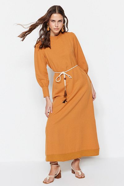 Trendyol Modest Cinnamon Belt Detailed Wide Cuffed Linen Look Woven Dress TCTSS23EB00226