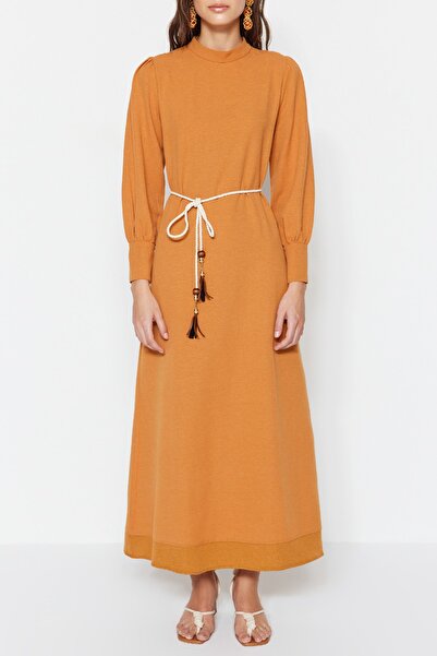 Trendyol Modest Cinnamon Belt Detailed Wide Cuffed Linen Look Woven Dress TCTSS23EB00226