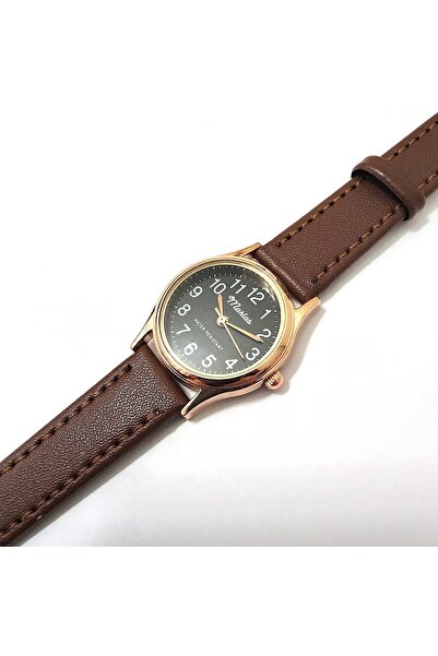 Marlas Retro Women's Leather Wristwatch, Minimal Design, Rose Gold Color, Vintage Design, Brown