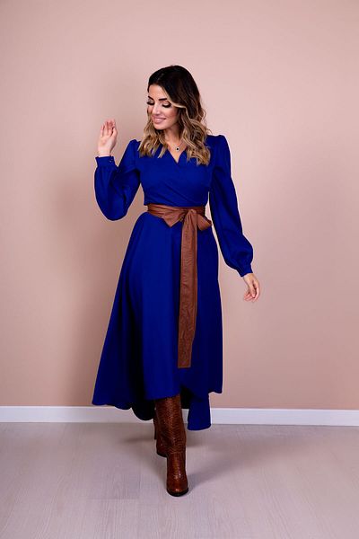 lovebox Women's Flexible Atlas Fabric Asymmetrical Cut Tan Belt Detailed Double Breasted Collar Saks Blue Maxi Dress 210
