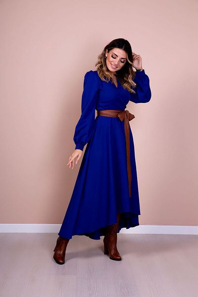 lovebox Women's Flexible Atlas Fabric Asymmetrical Cut Tan Belt Detailed Double Breasted Collar Saks Blue Maxi Dress 210