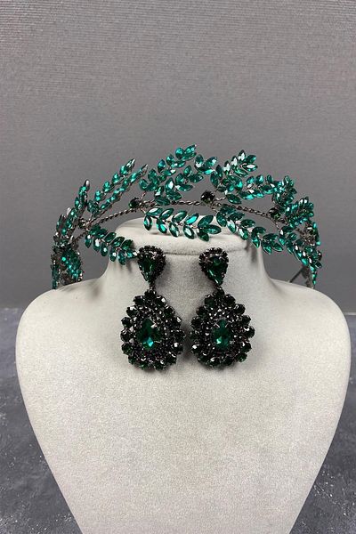 Hobigram Set de cercei cu accesorii pentru păr cu henna pentru mireasă cu ramuri de frunze de bilana verde – coroană – coroană
