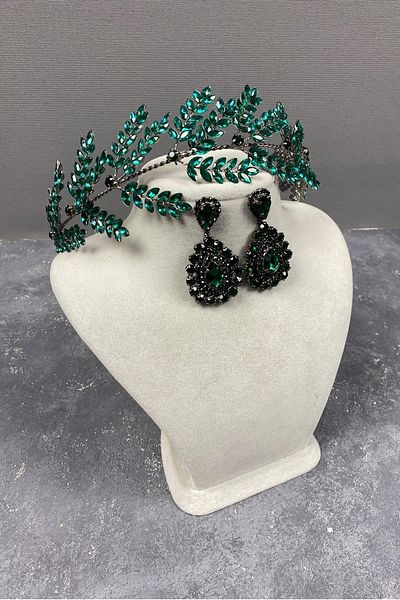 Hobigram Set de cercei cu accesorii pentru păr cu henna pentru mireasă cu ramuri de frunze de bilana verde – coroană – coroană