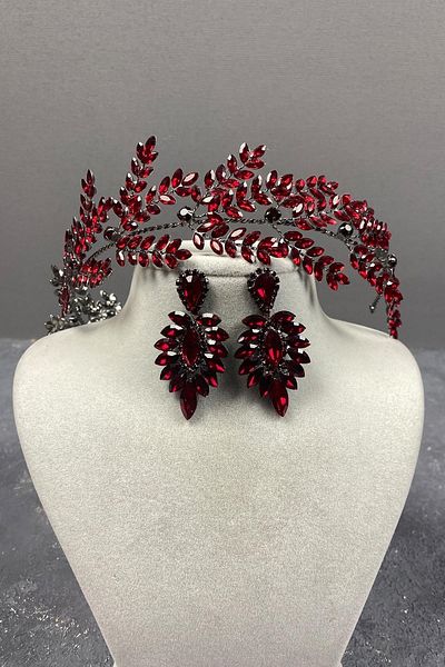 Hobigram Burgundy Bilana Leaf Branch Band Accesoriu pentru păr Henna de mireasă Set de cercei cu corzi – Coroană – Tiara
