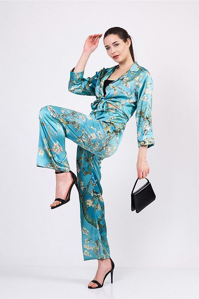 Nomads Felt Pure Silk Shirt-Pants Set/Pajama Set| Turquoise Van Gogh Almond Tree| Nomads Felt