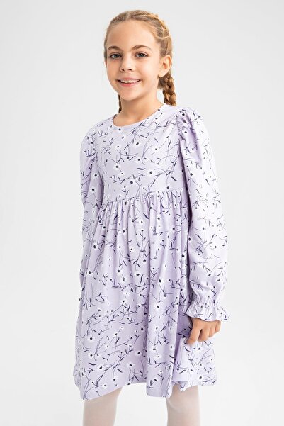 DeFacto Girl's Floral Crew Neck Long Sleeve Combed Cotton Dress