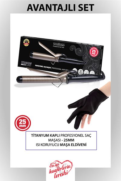 Ventoso Titanium Coated Professional Curling Iron 25mm And Heat Resistant Curling Gloves