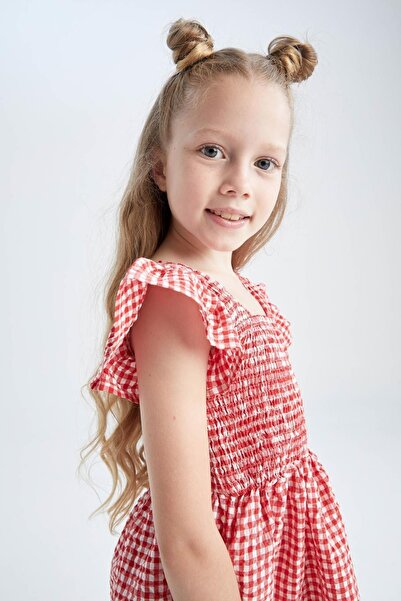 DeFacto Girl's Regular Fit Gingham Gingham Cotton Voile Dress