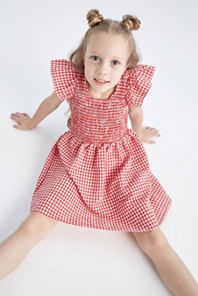 DeFacto Girl's Regular Fit Gingham Gingham Cotton Voile Dress