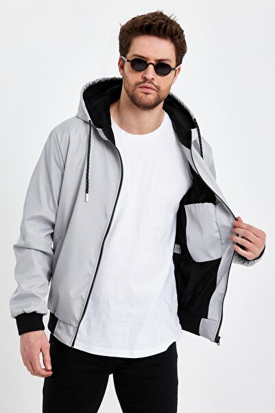 Rompasso Men's Gray Print Detail Embroidered Water Repellent Seasonal Spring Jacket Coat