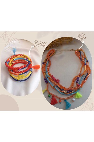 İPAR AKSESUAR Orange Tassel Multiple Design - Necklace and Wrapped Bracelet Set