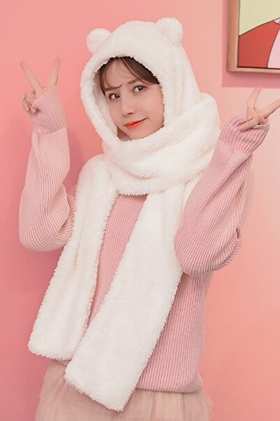 Leiste Hooded Plush Beanie Scarf Welsoft Fleece Neck Collar Shawl Windproof Ear Hat