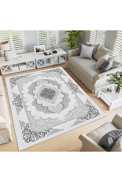 Mutlu Çeyiz Otantik Desenli Süngerli Lastikli Kaymaz Gri Siyah Renk Yıkanabilir Halı Örtüsü Mc67