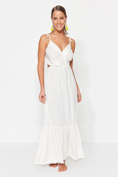 Trendyol Collection Λευκό Maxi Woven Cut Out/Window Beach Φόρεμα TBESS23EL00085