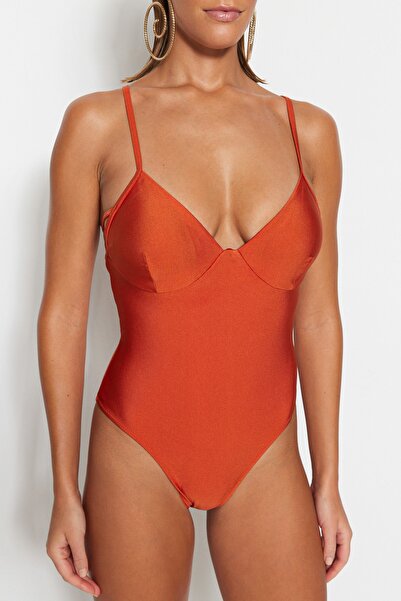 Trendyol Collection Cinnamon V-Neck High Leg Swimsuit TBESS23MA00329
