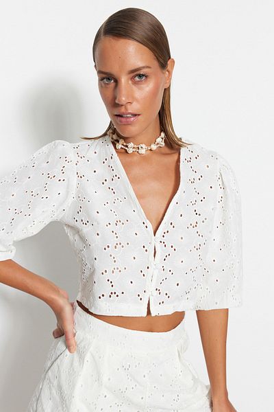 Trendyol Collection Λευκή Crop Woven Μπλούζα TBESS23BZ00069