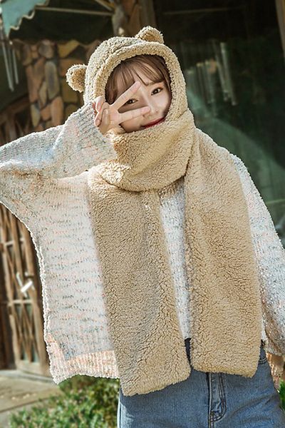 Nurnivus Hooded Plush Beanie Scarf Welsoft Fleece Neck Collar Shawl Windproof Ear Hat