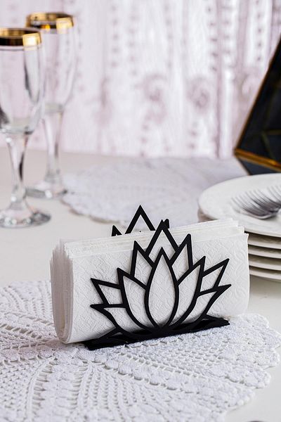 Doreline Lotus Flower Patterned - Black Desktop Decorative Napkin Holder Towel Holder with 2 Motifs (12x10 olç)