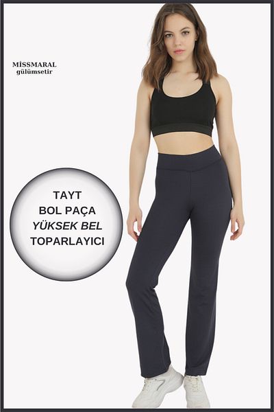 missmaral Women's Navy Blue Wide Leg Leggings High Waist Recovery Wide Elastic Non-Slip Belt Detailed105101