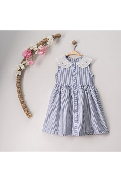 BÜŞRA ، فستان بناتي أزرق بأزرار وياقة مطرزة