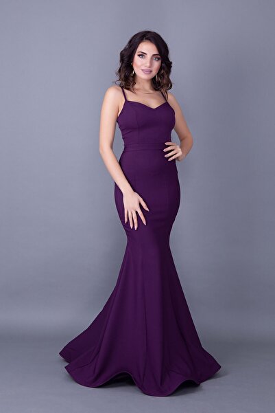 lovebox فستان نسائي طويل أرجواني من نسيج أطلس مرن، قصة منخفضة من الخلف وحزام ...