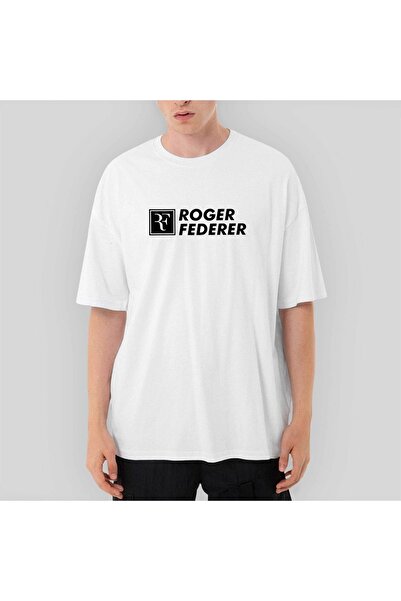 Z zepplin Tricou alb supradimensionat cu text Roger Federer