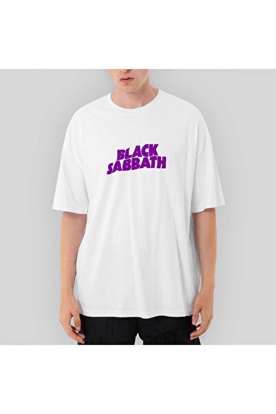 Z zepplin Tricou alb supradimensionat cu text Black Sabbath Purple