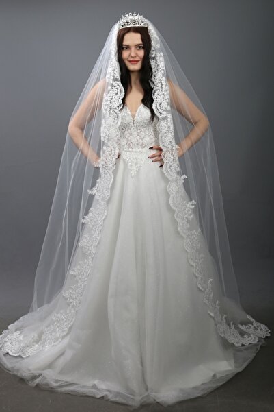 paris in paris Voal de mireasa lung din dantela 220 cm culoare alb cu pieptene