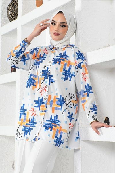 benguen 8891 Patterned Hijab Shirt Saxe Blue