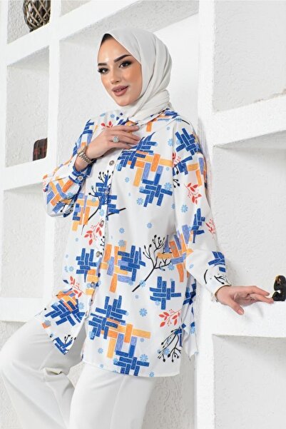benguen 8891 Patterned Hijab Shirt Saxe Blue