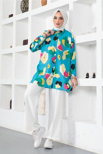 benguen 8888 Patterned Hijab Shirt Turquoise