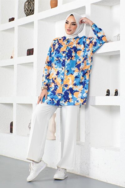 benguen 8890 Patterned Hijab Shirt Saxe Blue