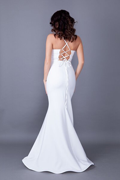 lovebox Women's Flexible Atlas Fabric, Low-cut Back and Tie Detailed Strap White Maxi Dress 349