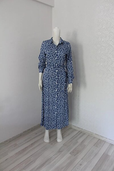 NUR TEKSTİL Kadın Mavi Empirme Kumaş Önden Düğmeli Boydan Gömlek Elbise