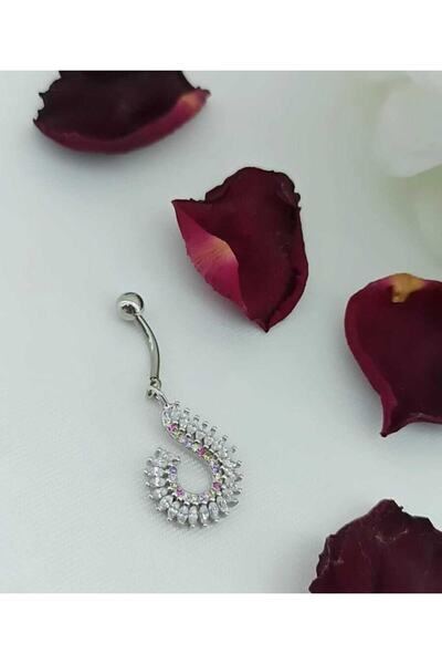 SİMGE 925 Ayar Gümüş Zirkon Taşlı Bar Kısmı Cerrahi Çelik Göbek Piercing