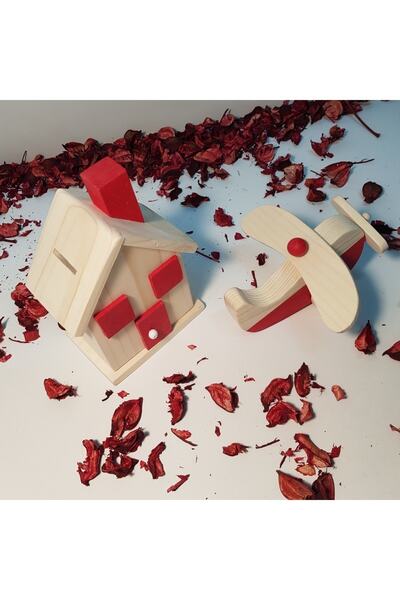 aswood Wooden Handmade Baby Plane + Piggy Bank Toy Set, Decorative Toy, Educational Toy, Children's Toy