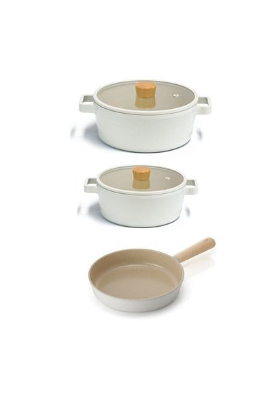 NEOFLAM Fika Beige 5 Piece Cast Iron Pot and Pan Set with Glass Lid 22k24k24t