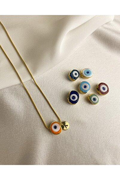 Hazeran accessories Harfli Cam Nazar Boncuklu Çelik Kolye