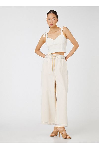 Koton Tie Waist Loose Cut Off-White Women's Trousers 3sal40012mw