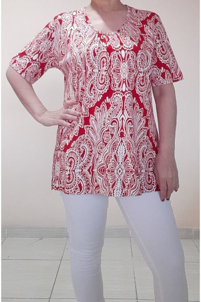 Mertcan Butik Tricou din vascoză din bumbac pieptănat, cu model roșu, adunat în față