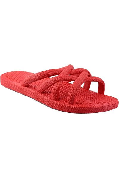 GEZER Red Straw Weave Motif Non-Slip Sole Women's Slippers Sea Beach Bathroom Pool Wet Floor Slippers