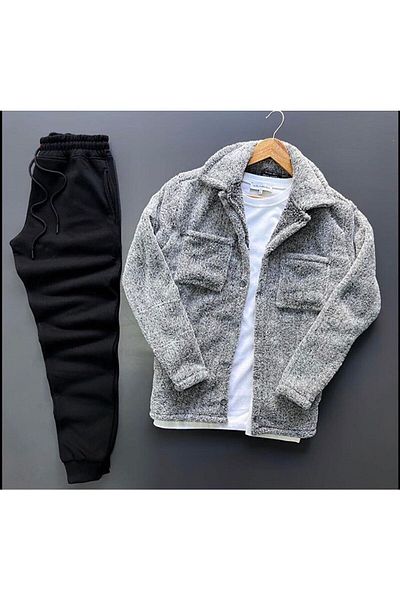 modasende Men's Pocket Detailed Plush Shirt and Tracksuit Combination, Top and Bottom